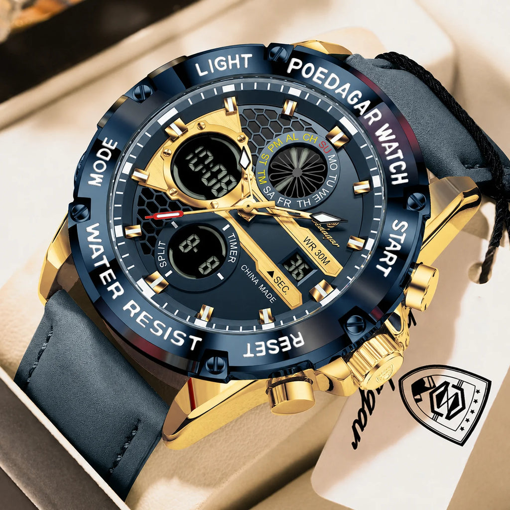 Poedagar E125 Men Dual Display Watch Digital Analog Waterproof Quartz Watch Luminous Leather Strap Sports Wristwatch for Men