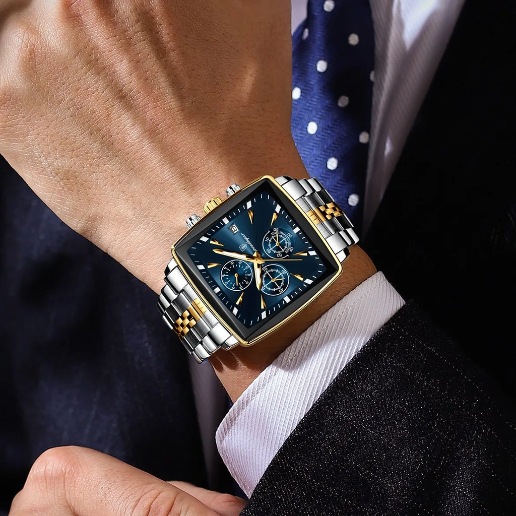 Poedagar 866 Luxury Men Watch Square Chronograph 3-Eye Dial Stainless Steel Band Luminous Waterproof Business Montre Wristwatch
