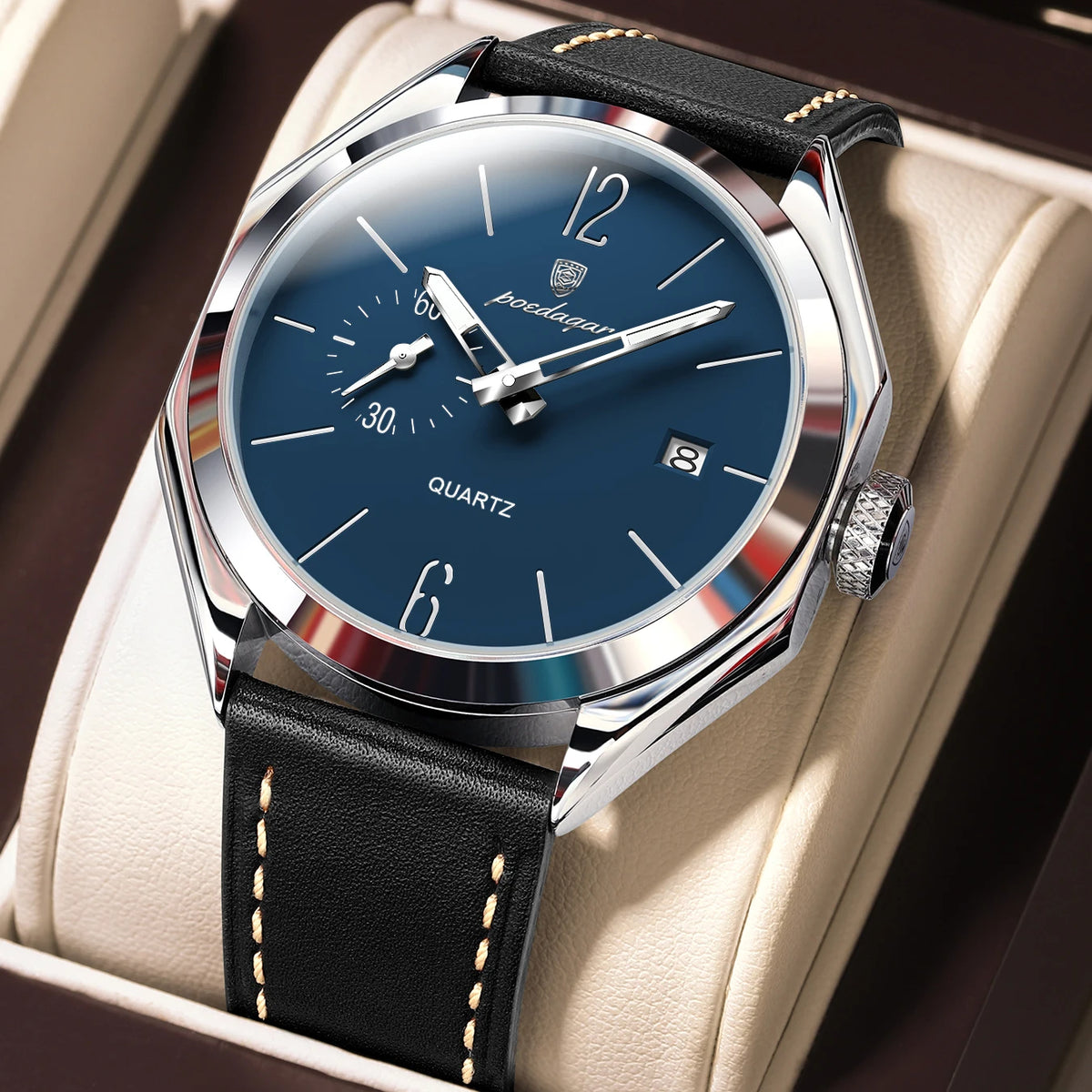 POEDAGAR 689 Quartz Watch Men Hardlex Dial Leather Strap 3ATM Waterproof Luminous Night Light Business Wristwatch