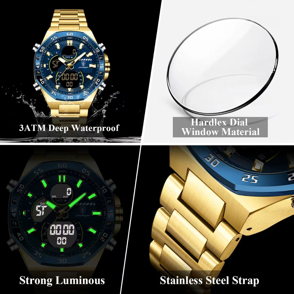 Poedagar E101 New Men Digital Watch LED Dual Time Display Waterproof Stainless Steel Electronic Quartz Men's Watches