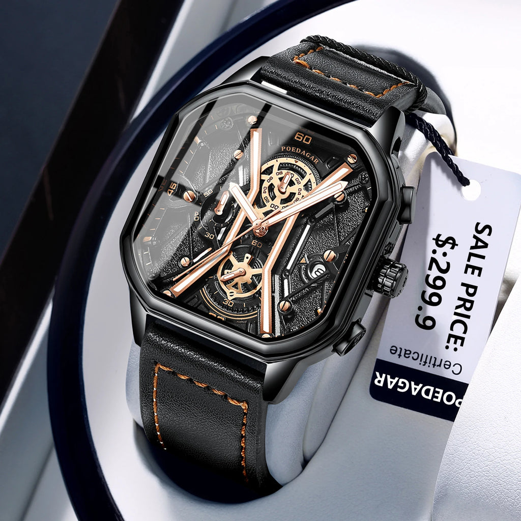Poegadar Casual Watch for Men Top Quality Luxury Luminous Leather Wrist Chronograph Date Sport Men Watch
