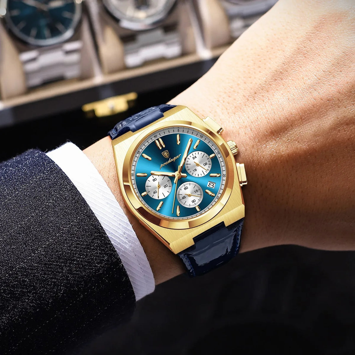 Poedagar 970 Mens Watch Luxury Leather Strap Luminous Waterproof Quartz Watches Casual Reloj Hombre Chronograph Watch for Men