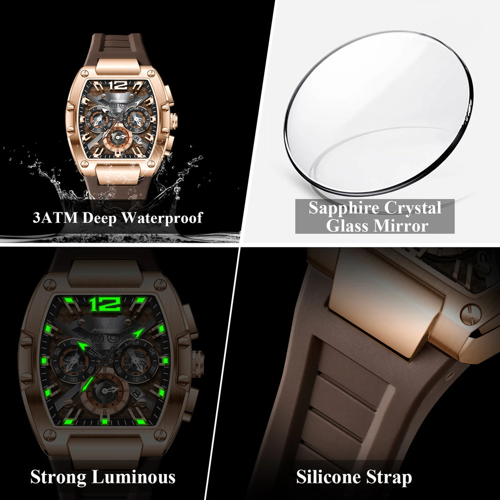 Poedagar 9051 Luxury Sport Men's Chronograph Alloy Case Square Dial Silicone Strap 3BAR Water Resistant Quartz Watch