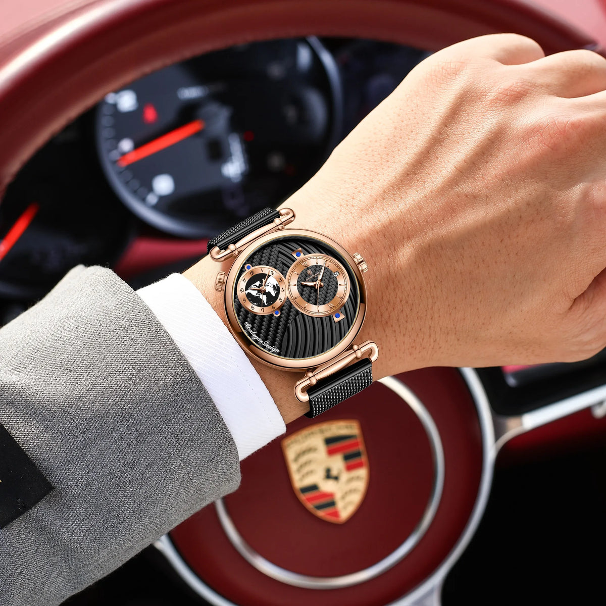 Poedagar 848 Men's Luxury Watch Dual Time Zone Retro Dial Mesh Stainless Steel Luminous Waterproof Formal Business Reloj Hombre
