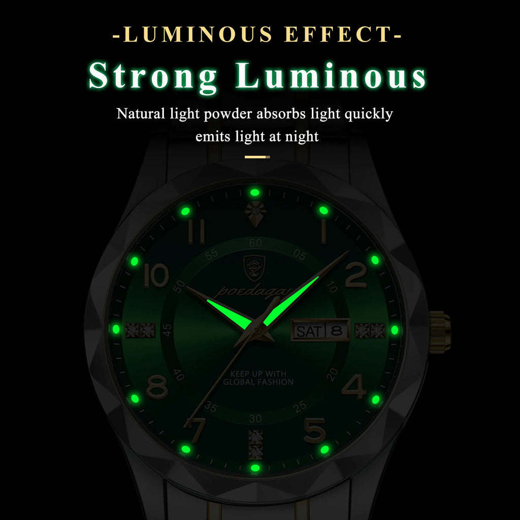 Poedagar 858 Luxury Men's Watch Date Week Stainless Steel Quartz Watches Moissanite Montre Waterproof Luminous Watches for Men