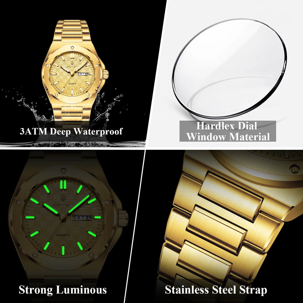 Poedagar 696 Luxury Mens Watch All Gold Stainless Steel Quartz Watches Luminous Waterproof Date Wristwatch for Man Factory Reloj