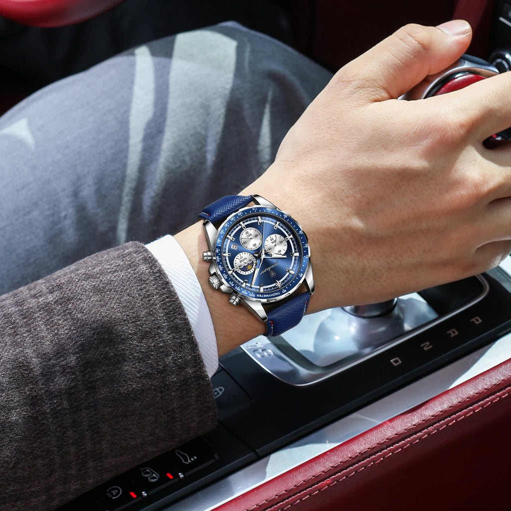 Poedagar 879 Mens Chronograph Watch Genuine Leather Tachymeter Blue Dial Quartz Wristwatch Waterproof Luminous Sport Watches