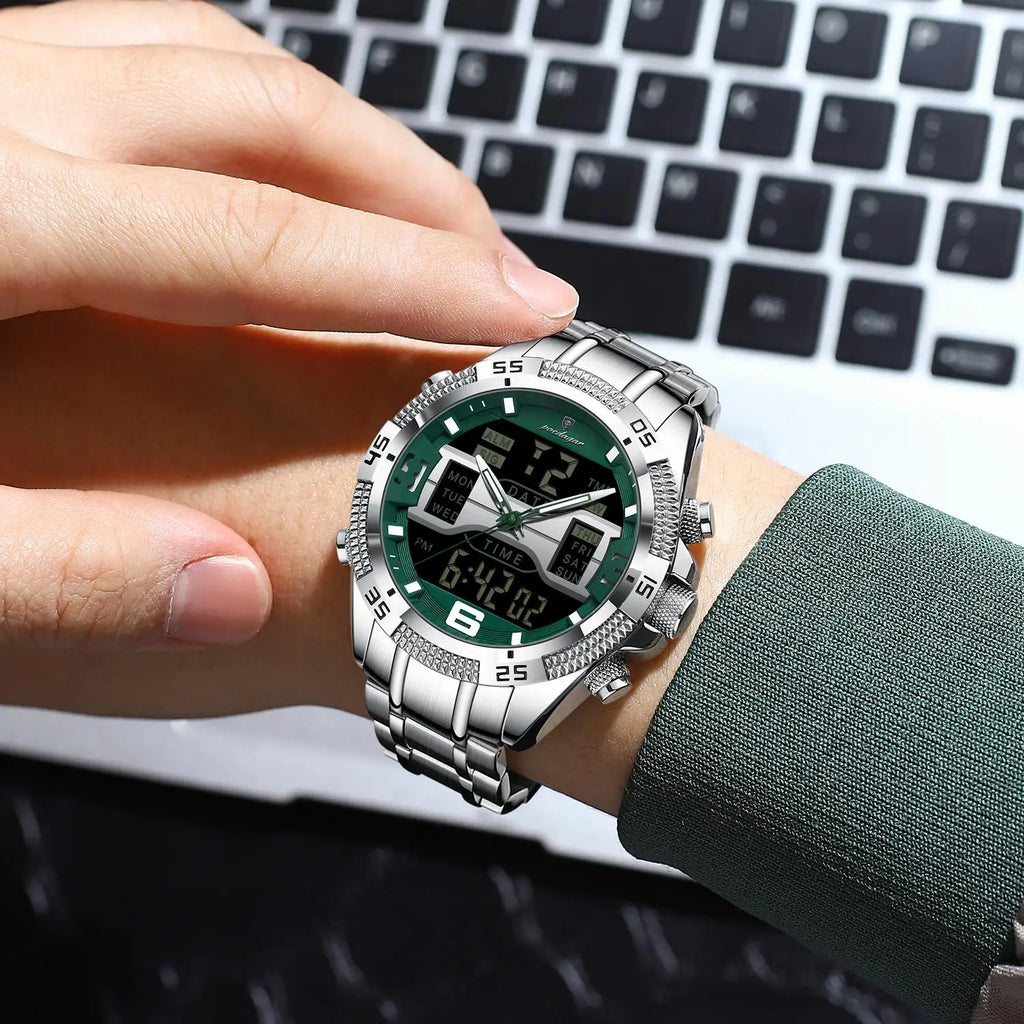 Poedagar New Digital Wrist Watch 3 ATM Water Resistant Multi Function Dual Display Steel Strap Men Montre Homme