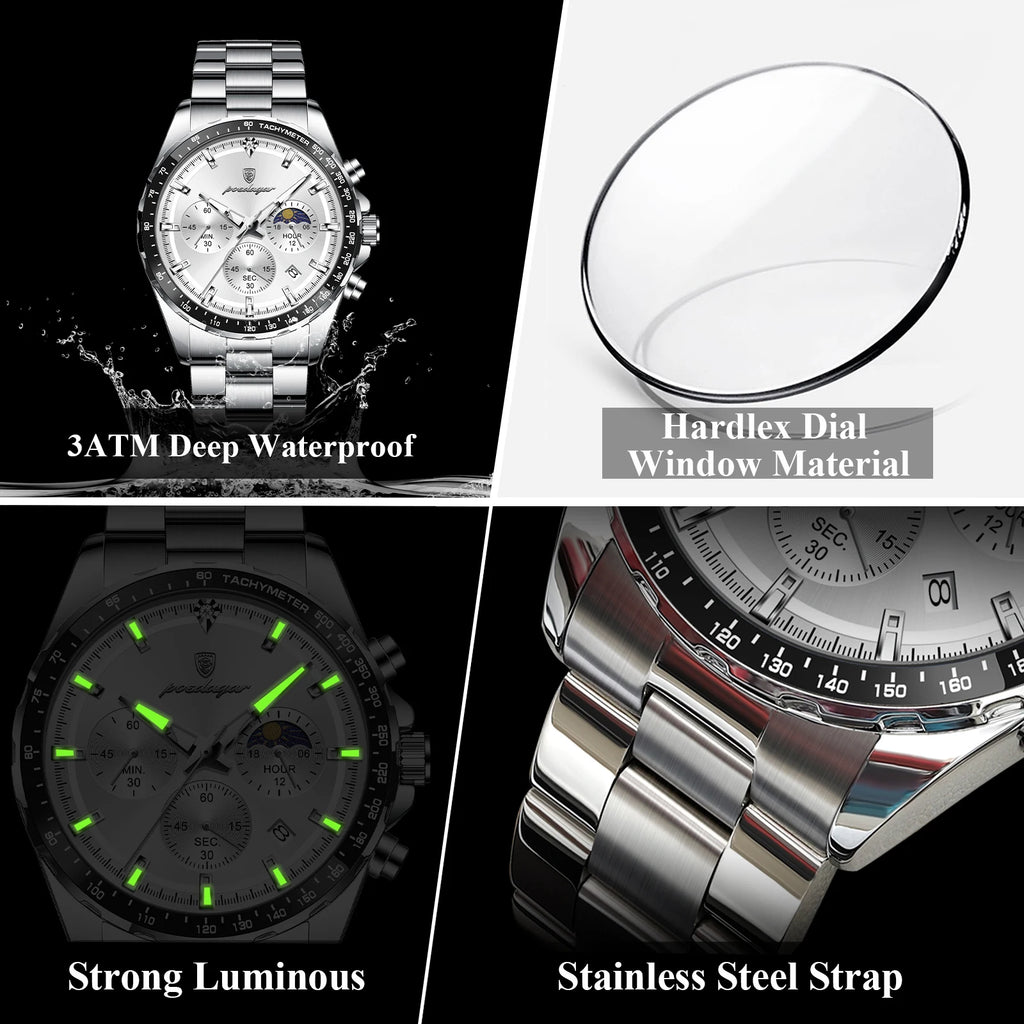 Poedagar 879 Men's Chronograph Watch Luxury Original Waterproof Luminous Quartz Stainless Steel Watches for Men Montre Homme