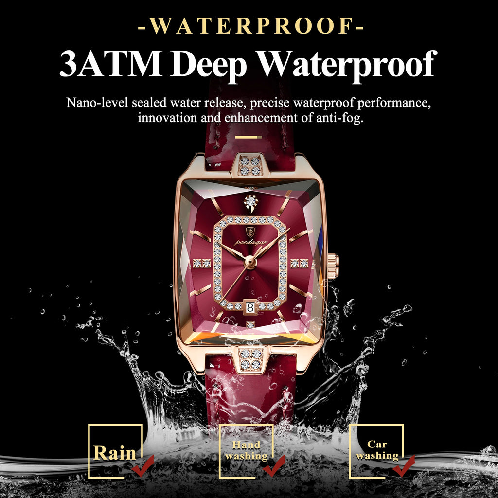 Poedagar 785 Square Shape Crystal Clock for Girl Luxury Leather Band Waterproof Quartz Women Watch