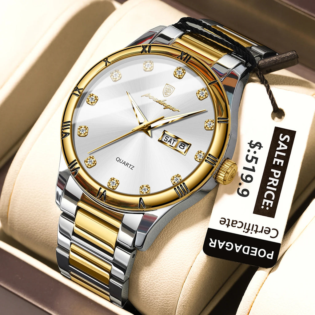 Poedagar 878 Stainless Steel Bracelet Reloj Gold Dial Men Watches Waterproof Luminous Quartz Watches for Men