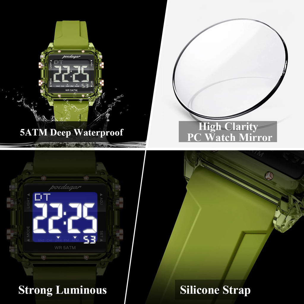 Poedagar E123 Luxury Mens Watch Punk Personalized Square LED Digital Watch Silicone Strap Youth Fashion CE Certified in Stock