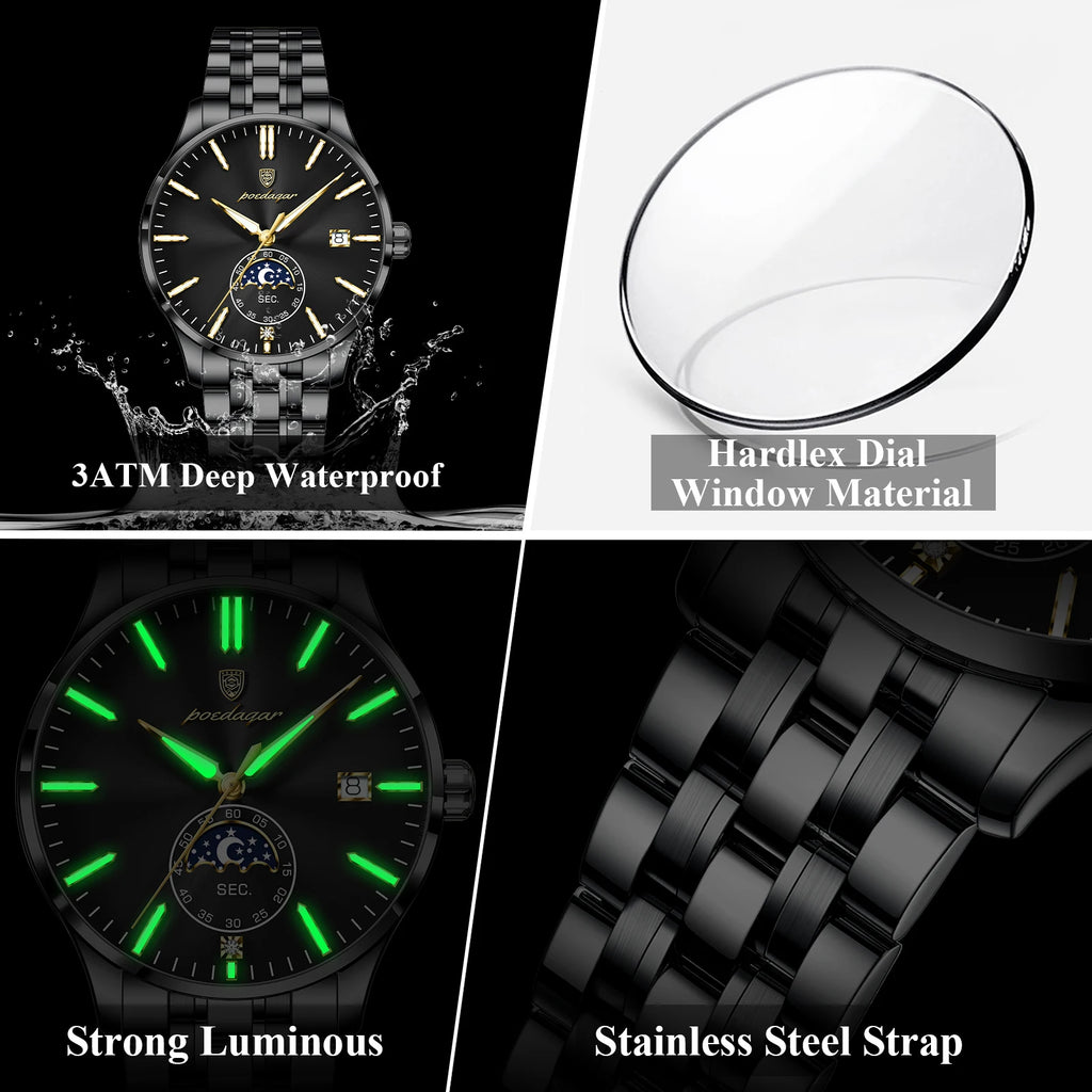 Poedagar 854 Men's Watch Stainless Steel Bracelet Moon Phase Watch Reloj Hombre Calendar Waterproof Business Wristwatch for Men