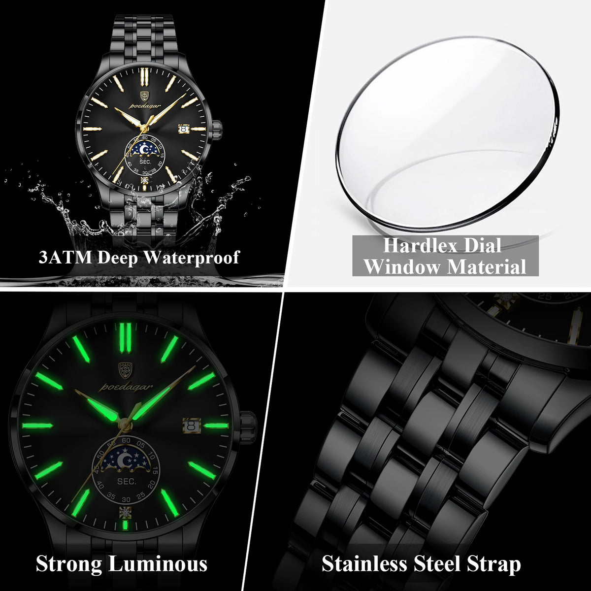 Poedagar 854 Men's Watch Stainless Steel Bracelet Moon Phase Watch Reloj Hombre Calendar Waterproof Business Wristwatch for Men