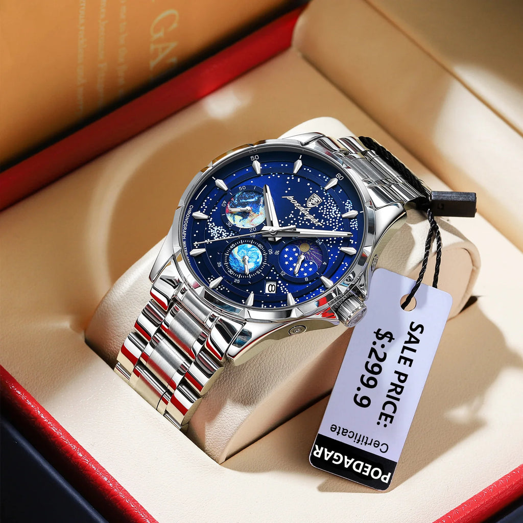 Poedagar Fashion Star Dial Watch for Men Luxury Stainless Steel Watch Wrist Waterproof Luminous Date Quartz Watches