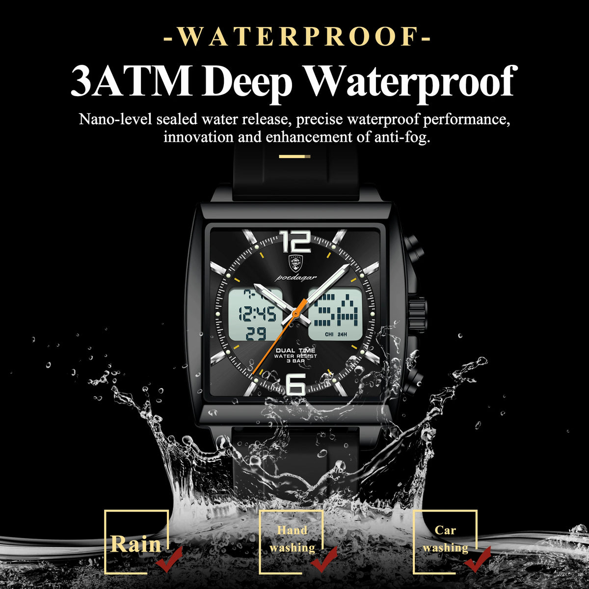 Poedagar E109 Men's Watch Dual Display Multifunctional Chronograph Silicone Strap Waterproof Luminous Alarm Quartz Watches