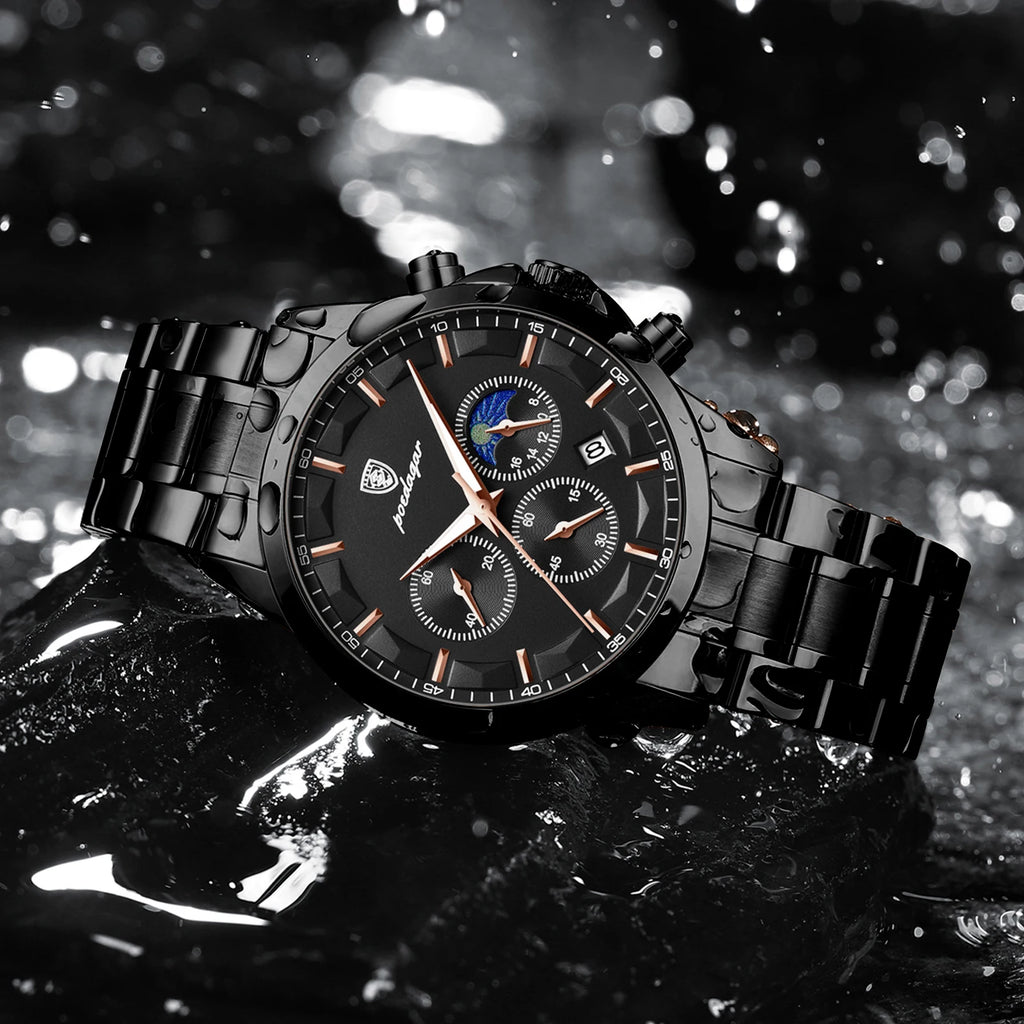 Ready to Ship Poedagar 928 Men Watch Luxury Moon Phase Chronograph Relief Dial Stainless Steel Luminous Waterproof Watch for Men