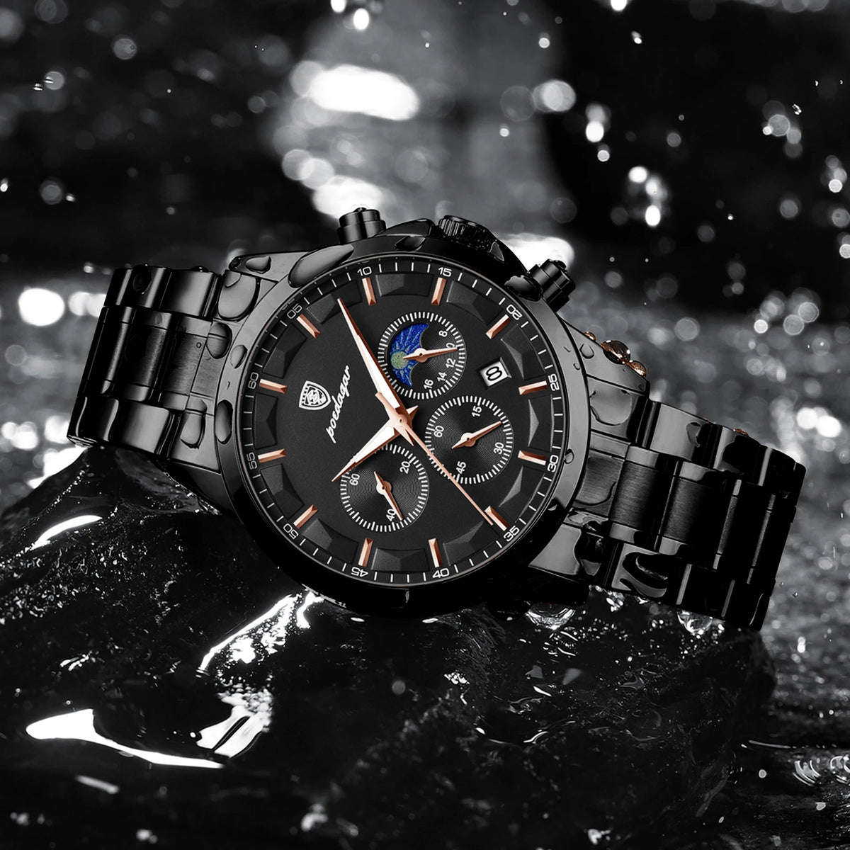 Ready to Ship Poedagar 928 Men Watch Luxury Moon Phase Chronograph Relief Dial Stainless Steel Luminous Waterproof Watch for Men