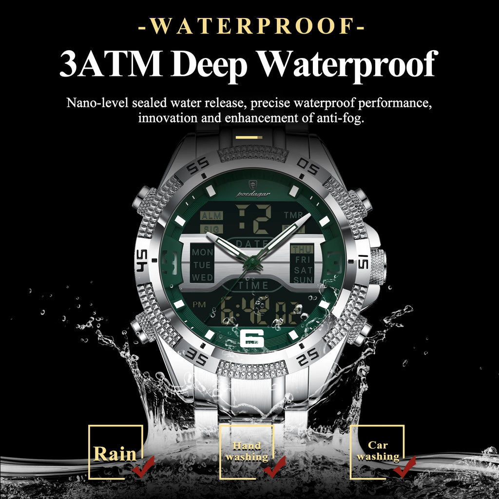 Poedagar New Digital Wrist Watch 3 ATM Water Resistant Multi Function Dual Display Steel Strap Men Montre Homme