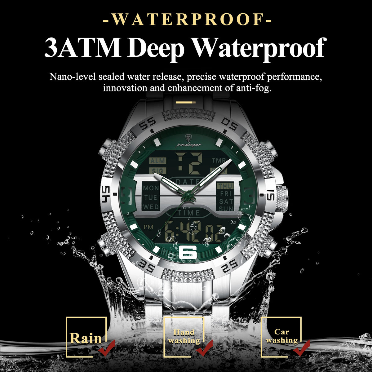 Poedagar New Digital Wrist Watch 3 ATM Water Resistant Multi Function Dual Display Steel Strap Men Montre Homme