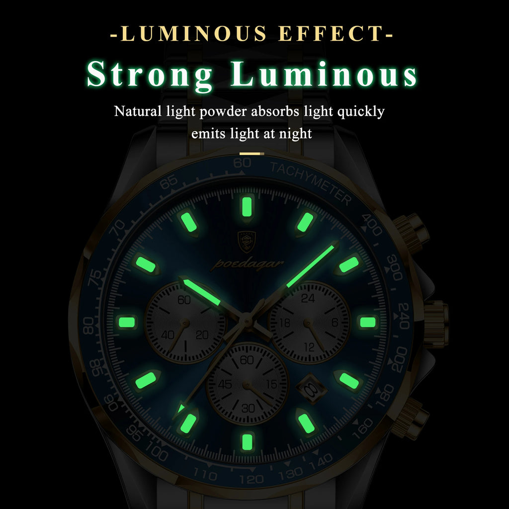 Poedagar 815 Luxury Stainless Steel Men Quartz Watches Waterproof Luminous Chronograph Watch for Men