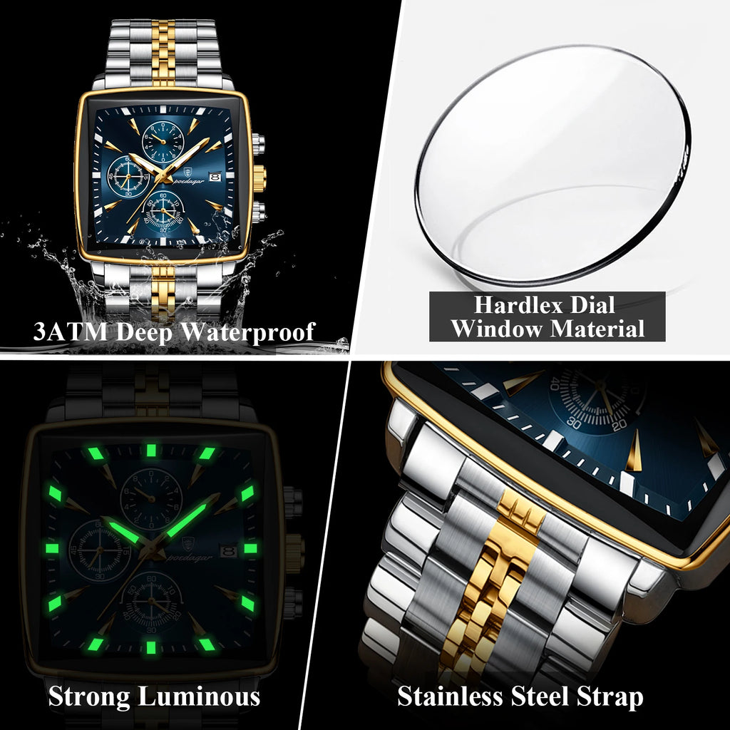 Poedagar 866 Luxury Men Watch Square Chronograph 3-Eye Dial Stainless Steel Band Luminous Waterproof Business Montre Wristwatch