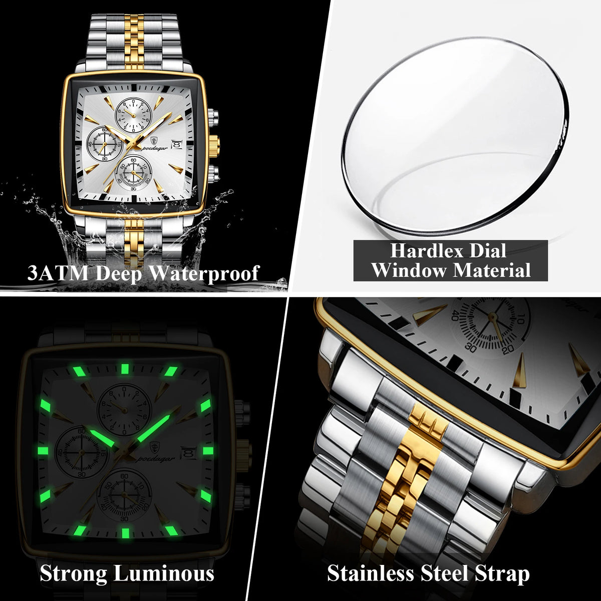 Poedagar New Fashion Square Stainless Steel Men's Watches Waterproof Luminous Chronograph Quartz Watch for Men