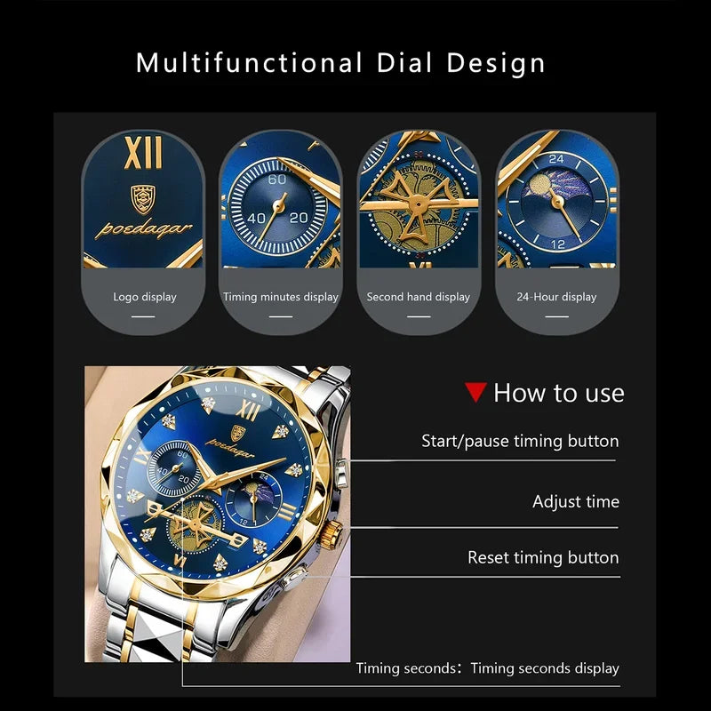Poedagar Fashion Luxury Chronograph Men Watch Waterproof Luminous Stainless Steel Quartz Watches for Men