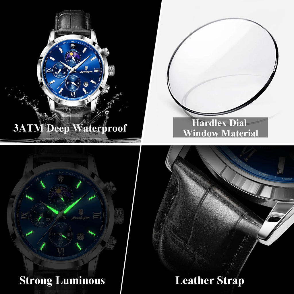 Poedagar 882 Men Business Watch Luxury Leather Strap Montre Waterproof Luminous Date Reloj Chronograph Quartz Wristwatch for Men