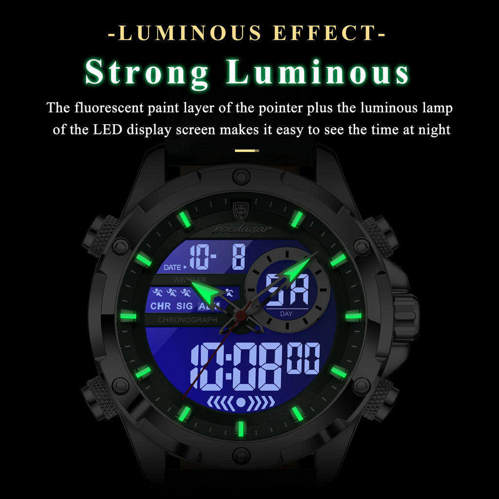 Poedagar E129 Mens Chronograph Watches Original Dual Display Quartz Watch Luxury Leather Strap Luminous Waterproof Watch for Men