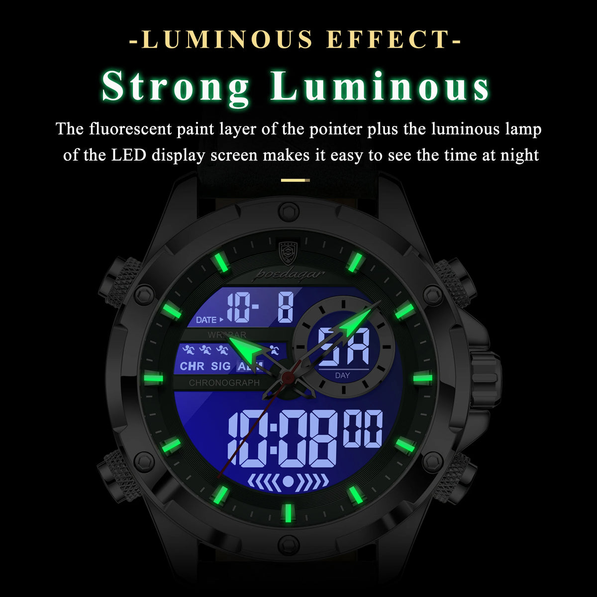 Poedagar E129 Mens Chronograph Watches Original Dual Display Quartz Watch Luxury Leather Strap Luminous Waterproof Watch for Men
