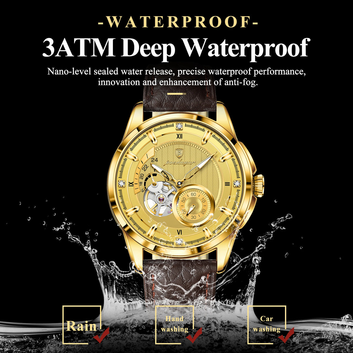 Poedagar 1427 Luxury Men Mechanical Watch All Gold Leather Band Luminous Montre 3ATM Waterproof Automatic Wristwatch for Men