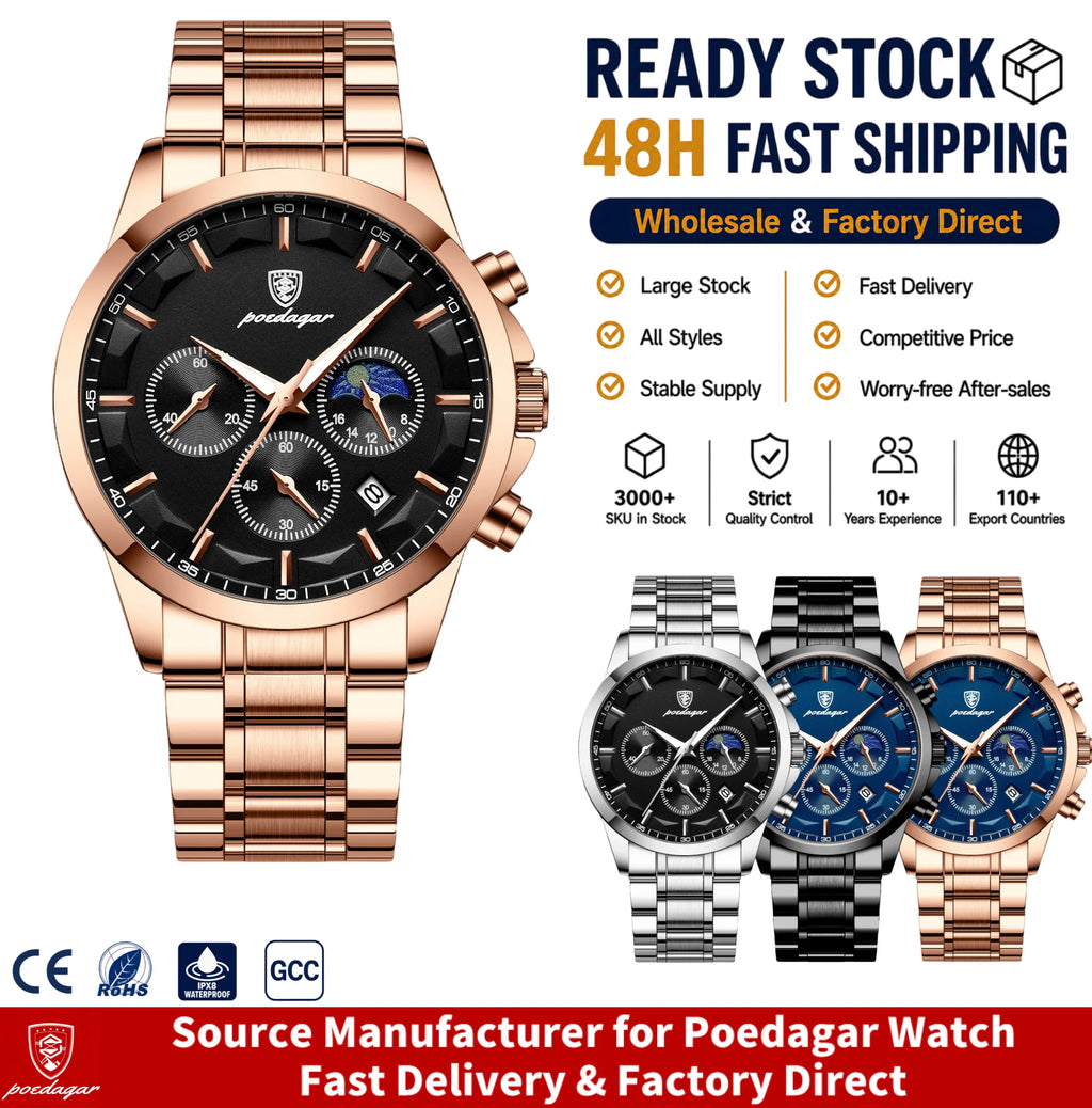 Poedagar 928 Luxury Men's Watch Wholesale Chronograph Stainless Steel Quartz Watch for Men Luminous Waterproof Montre Reloj