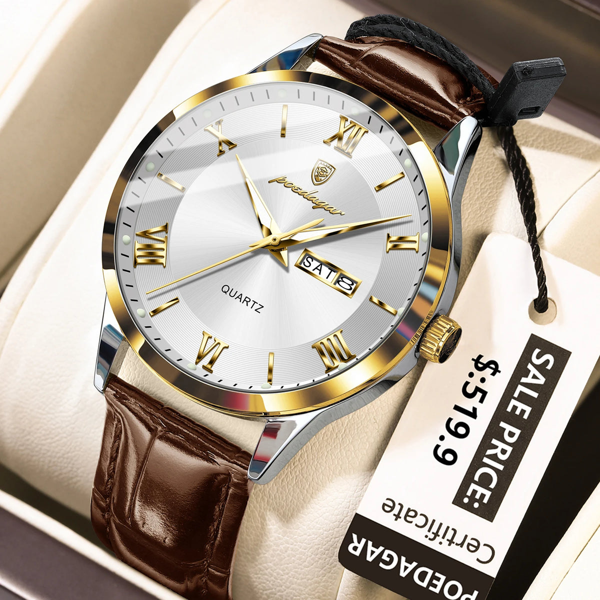 Poedagar 978 Luxury Leather Bracelet Quartz Watch for Men Luminous Waterproof Mens Watch