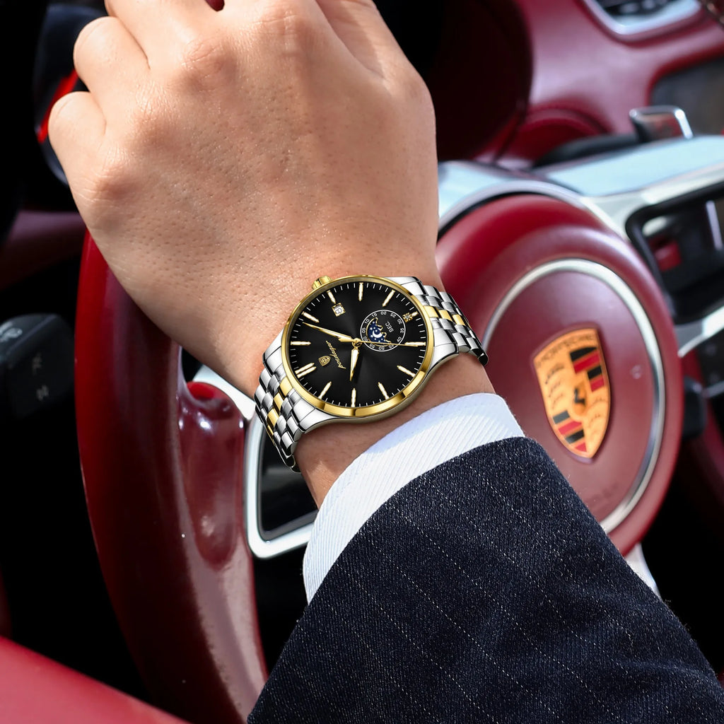 Poedagar 854 Luxury Mens Wristwatch Moon Phase Calendar Watch Stainless Steel Bracelet Montre Waterproof Business Watch for Men
