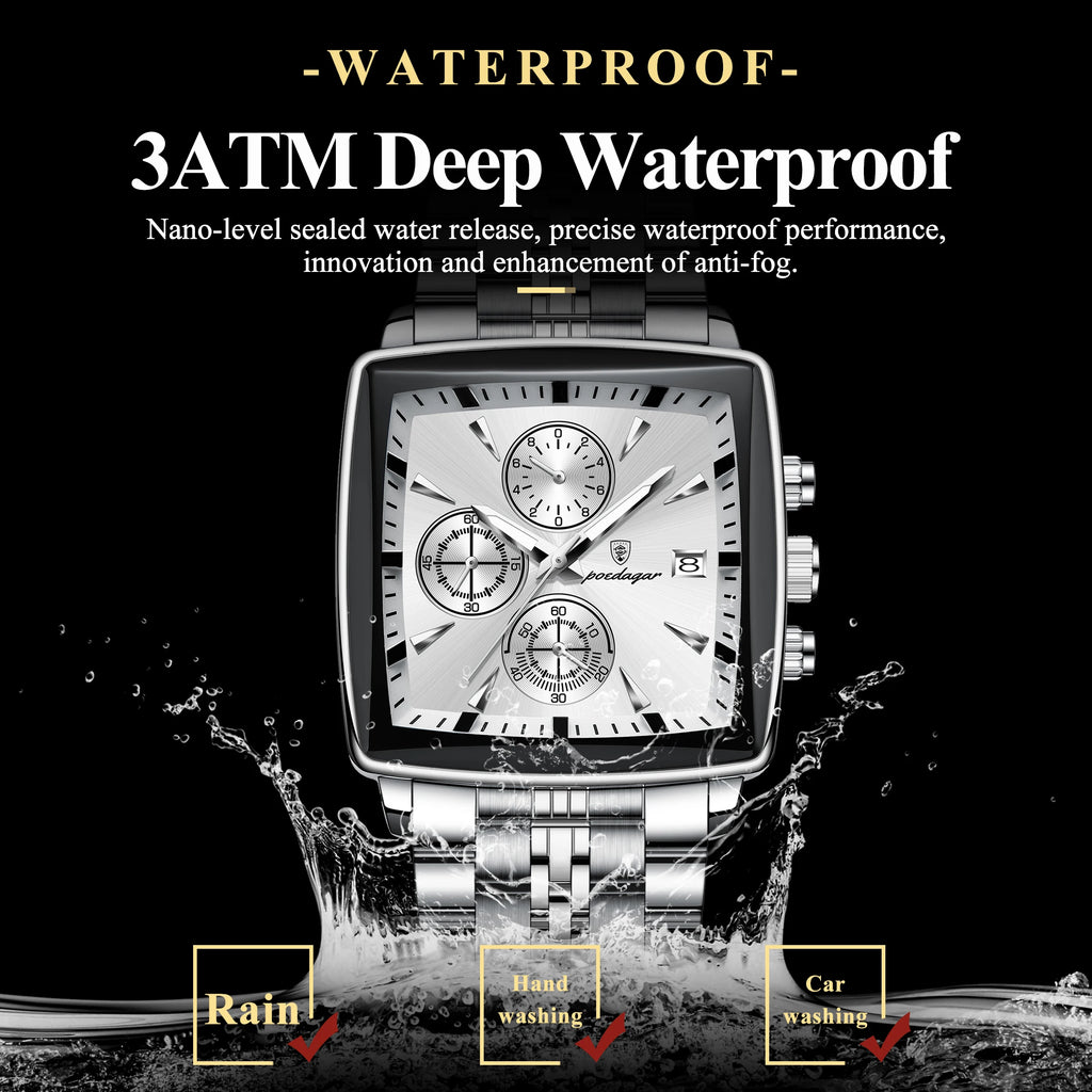 Poedagar 866 Men Watch Luxury Wholesale Square Chronograph Stainless Steel Luminous Waterproof Factory Direct Ready to Ship