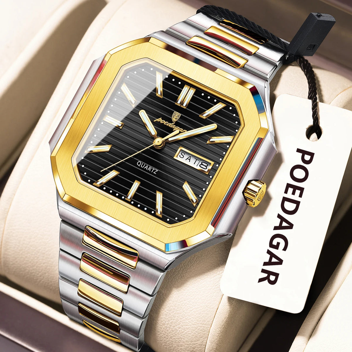 Men's Watch Luxury Poedagar 672 Square Case Stainless Steel Bracelet Quartz Watches Reloj Date Luminous Waterproof Watch for Men