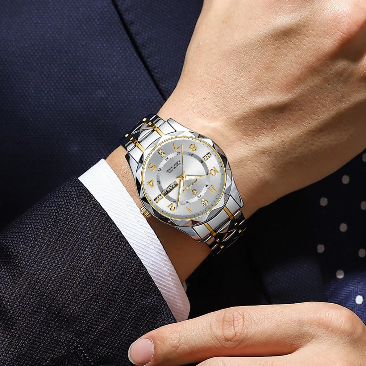 Poedagar 858 Watch for Men Luxury Waterproof Luminous Quartz Watches Date Week Moissanite Reloj Stainless Steel Men Watch