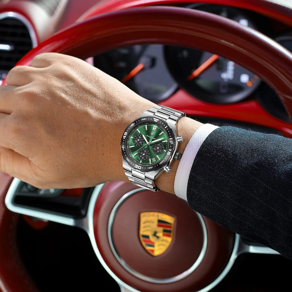 Poedagar 697 Men's Chronograph Watch Luxury Malachite Green Dial Tachymeter Luminous Date Waterproof Original Factory Wholesale