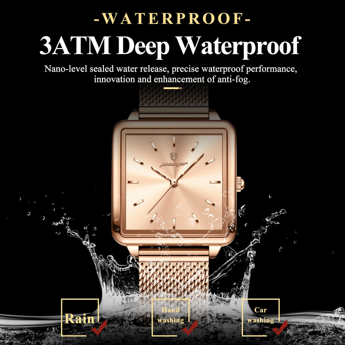 Poedagar Factory Wholesale Rose Gold Square Dial Women Quartz Watch Luxury Stainless Steel Mesh Belt Waterproof Ladies Watch