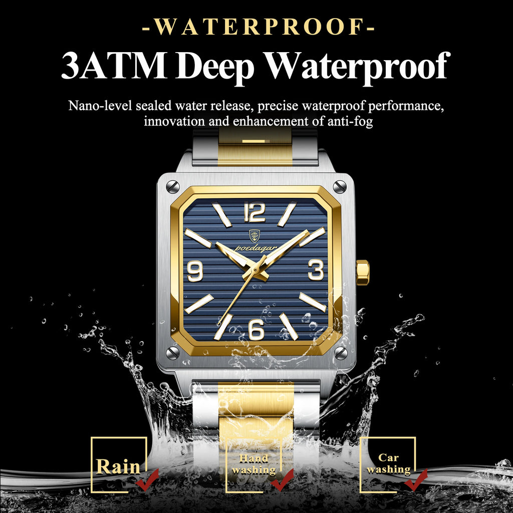 Poedagar 870 Business Luxury Square Quartz Men Watch Waterproof Luminous Stainless Steel Watch for Men