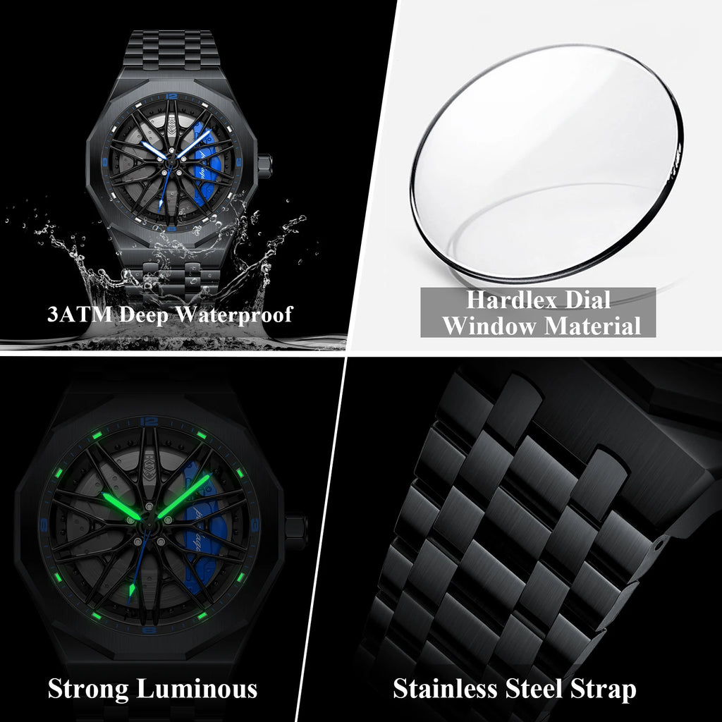 Poedagar 809 Mens Quartz Watches 3D Rotating Wheel Hub Wristwatch Stainless Steel Band Sports Waterproof Watch Relogio Masculino