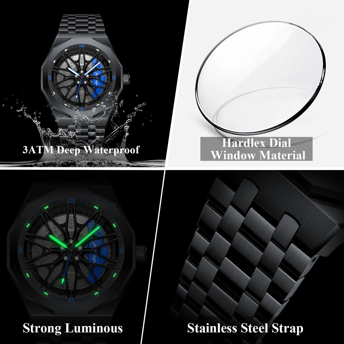 Poedagar 809 Mens Quartz Watches 3D Rotating Wheel Hub Wristwatch Stainless Steel Band Sports Waterproof Watch Relogio Masculino