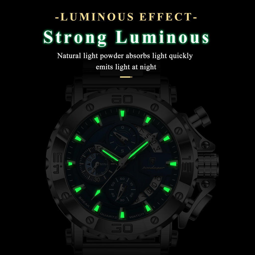 Poedagar 892 Luxury Chronograph Stainless Steel Men's Quartz Watches Reloj Luminous Waterproof Watch for Men