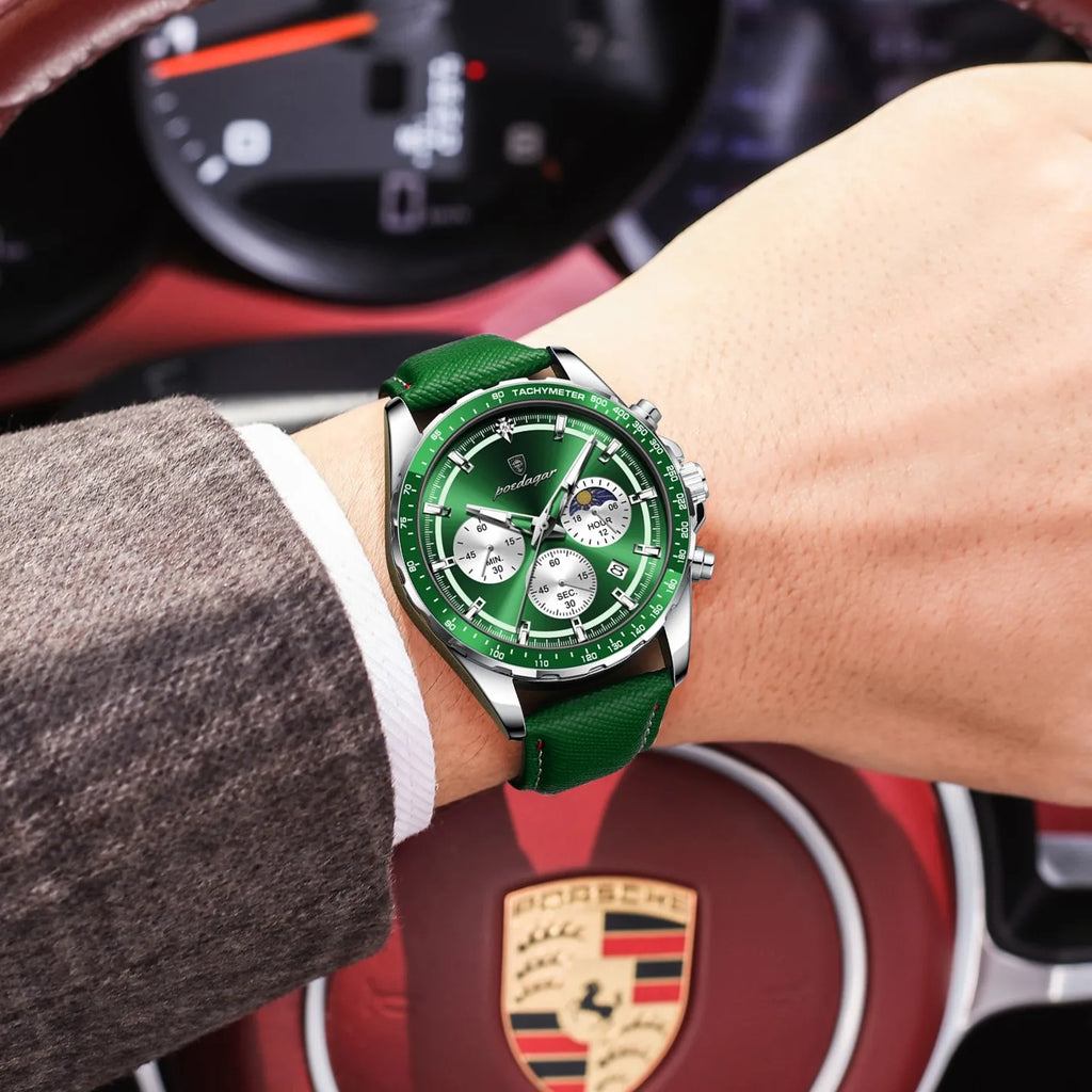 Poedagar 879 Men's Watch Luxury Genuine Leather Strap Chronograph Quartz Watches Montre Luminous Waterproof Sport Watch for Men