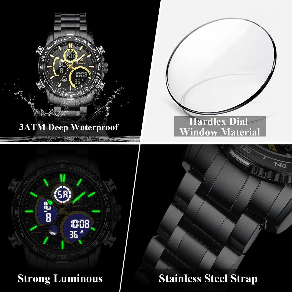 Poedagar E127 Luxury Men's Analog-Digital Watch Luminous Waterproof Dual Display Montre Homme Stainless Steel Quartz Watches