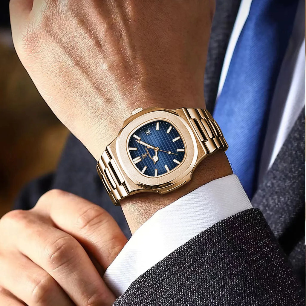 Poedagar Top Brand Luxury Fashion Rose Gold Square Men Quartz Watch Waterproof Luminous Date Stainless Steel Watch for Men
