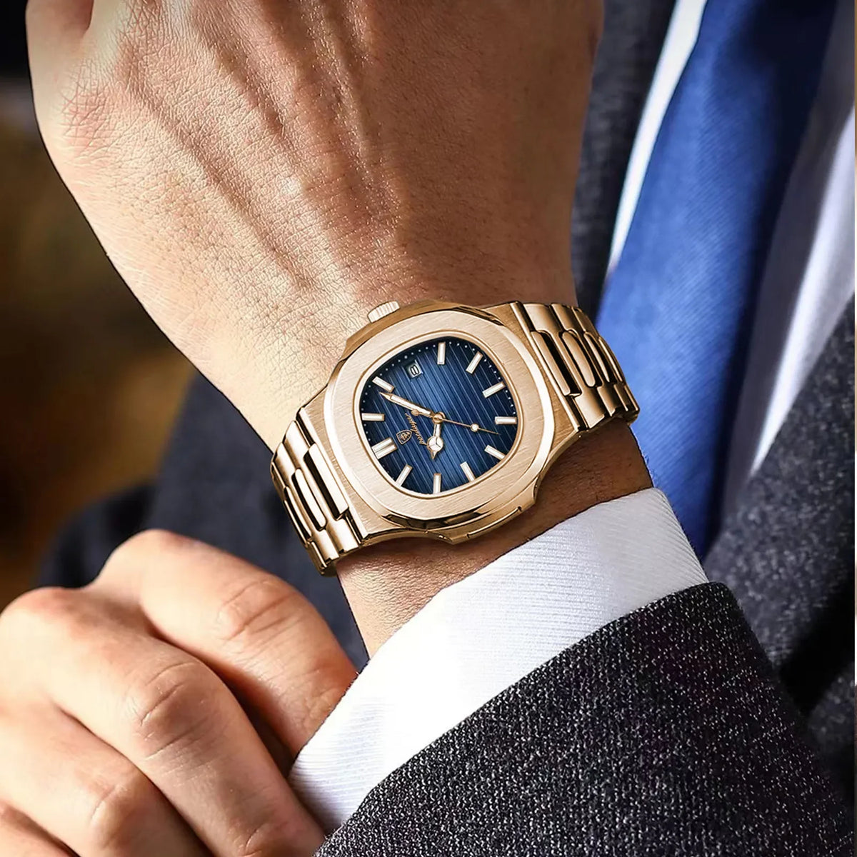 Poedagar Top Brand Luxury Fashion Rose Gold Square Men Quartz Watch Waterproof Luminous Date Stainless Steel Watch for Men