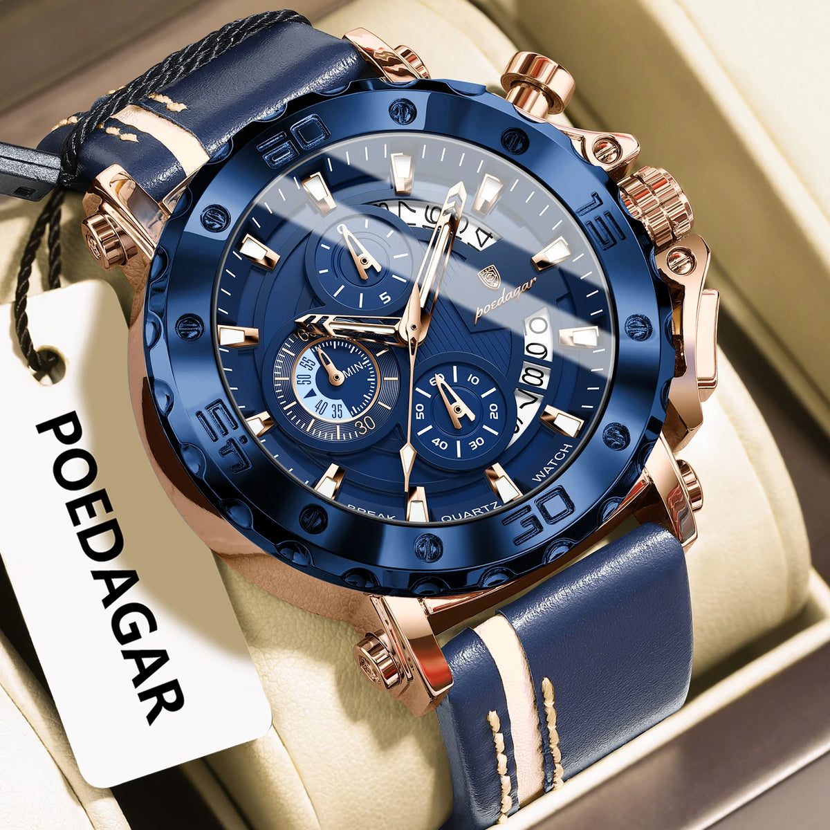 Poedagar 892 Luxury Chronograph Leather Men's Quartz Watches Reloj Luminous Waterproof Watch for Men