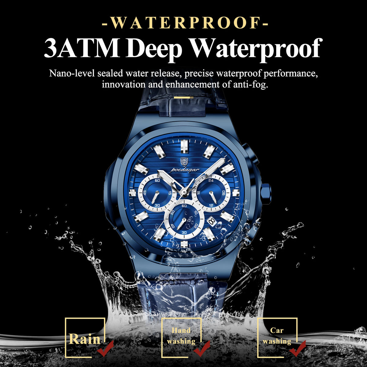 Poedagar 834 Mens Quartz Watch All-Blue Waterproof Luminous Leather Strap Business Wholesale Price Factory Direct Ready to Ship